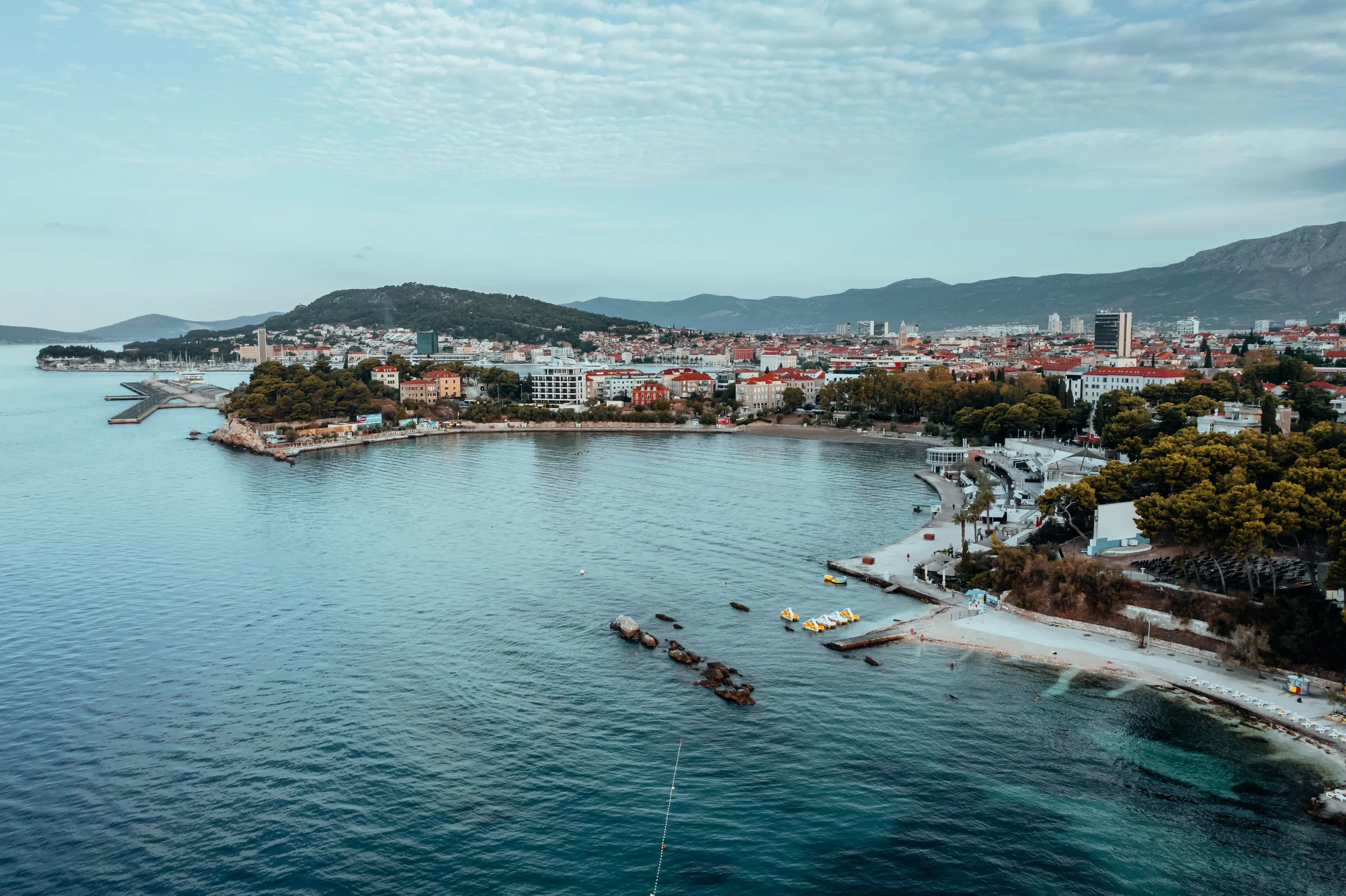 Split seen from above: Bačvice bay, the city and Marjan hill
