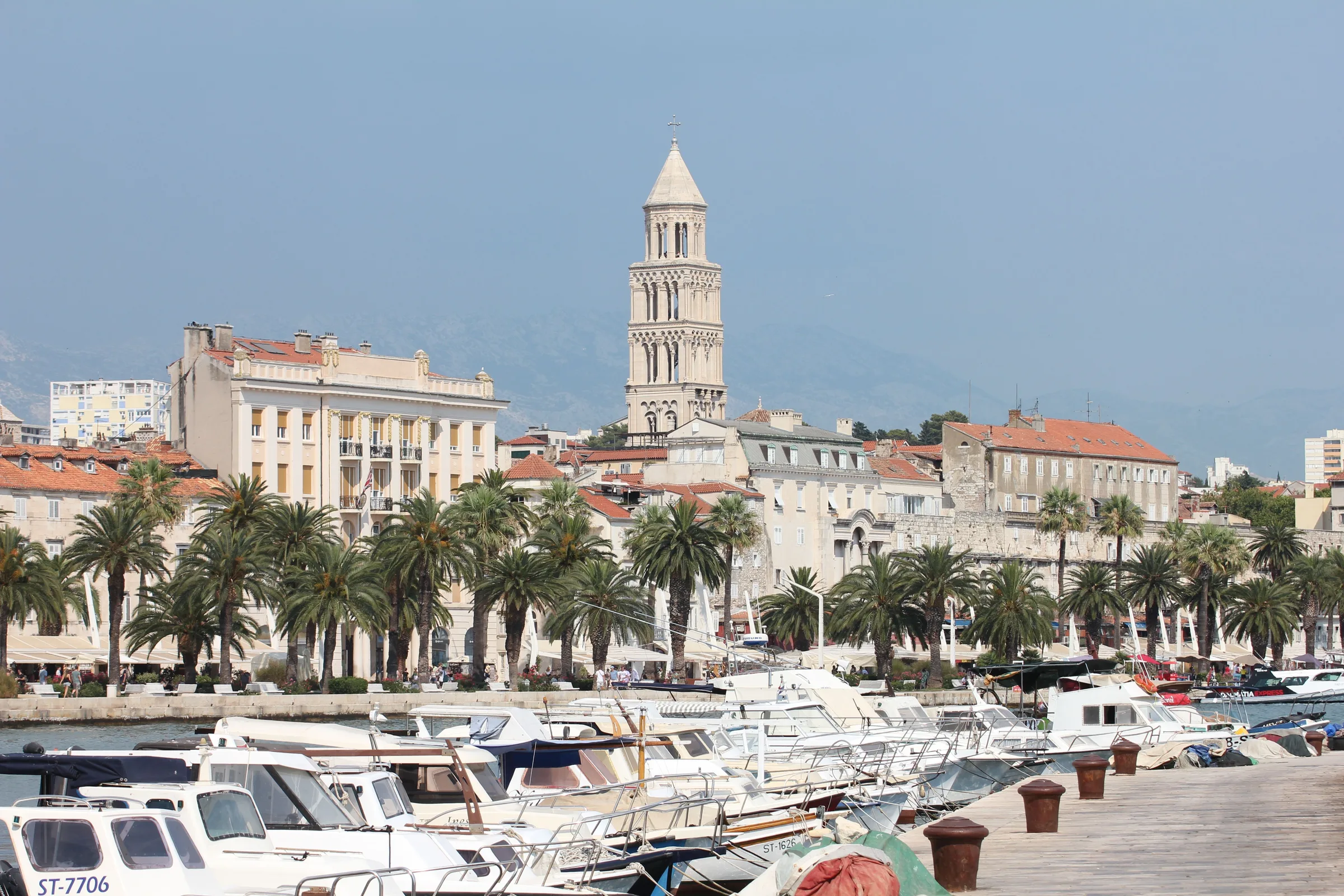 Boats moored along the Split harbour promenade